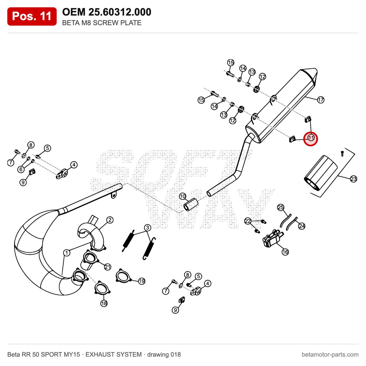 BETA M8 SCREW PLATE – OEM 25.60312.000, position 11 on the Beta RR 50 SPORT MY15 exhaust system drawing