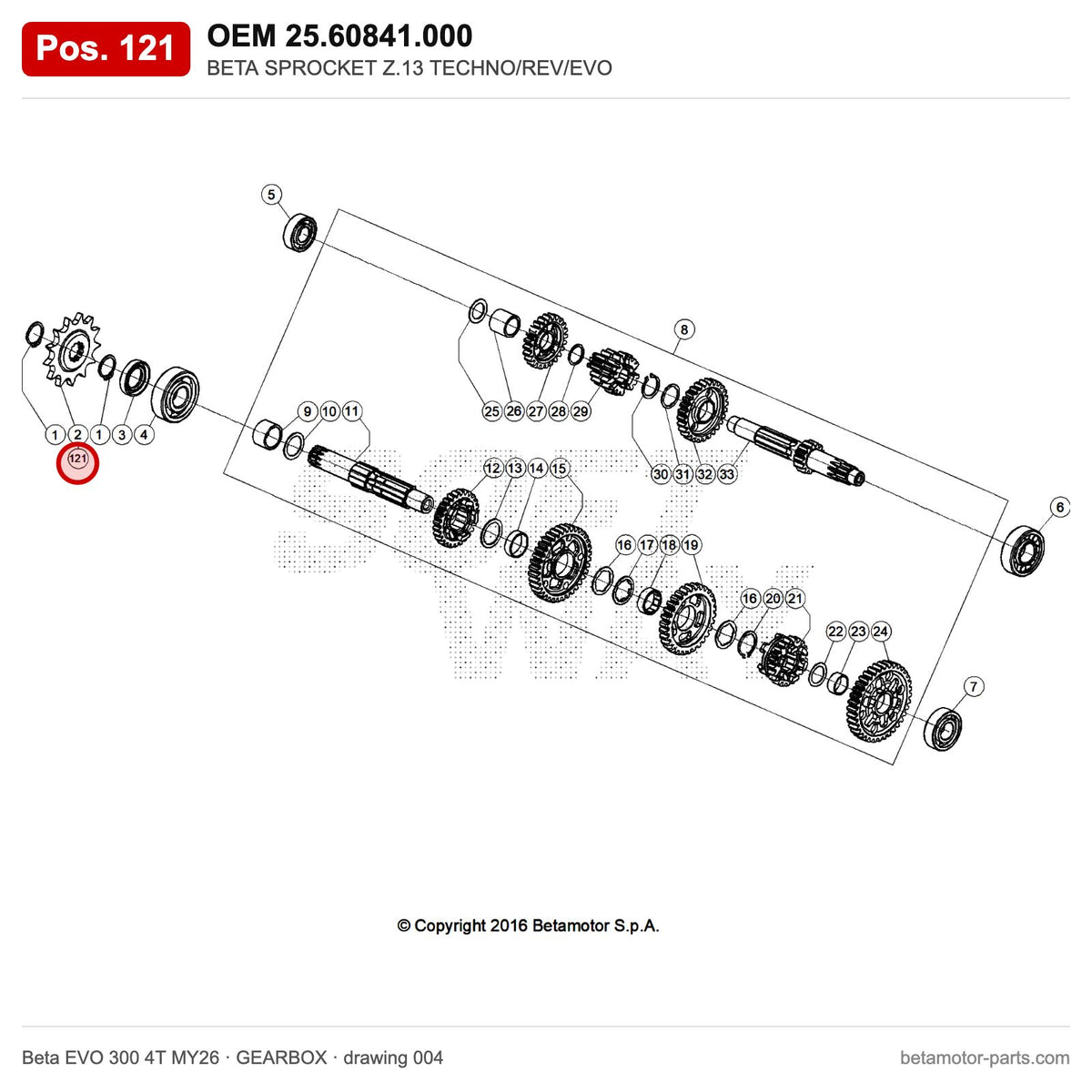 BETA SPROCKET Z.13 TECHNO/REV/EVO – OEM 25.60841.000, position 121 on the Beta EVO 300 4T MY26 gearbox drawing