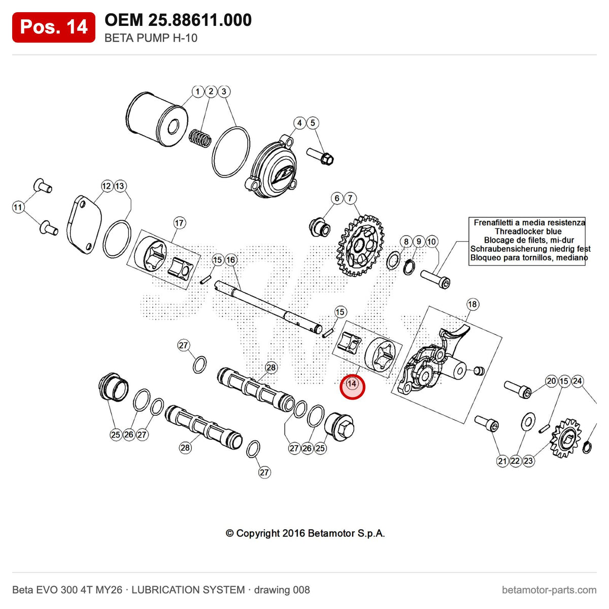 BETA PUMP H-10 – OEM 25.88611.000, position 14 on the Beta EVO 300 4T MY26 lubrication system drawing