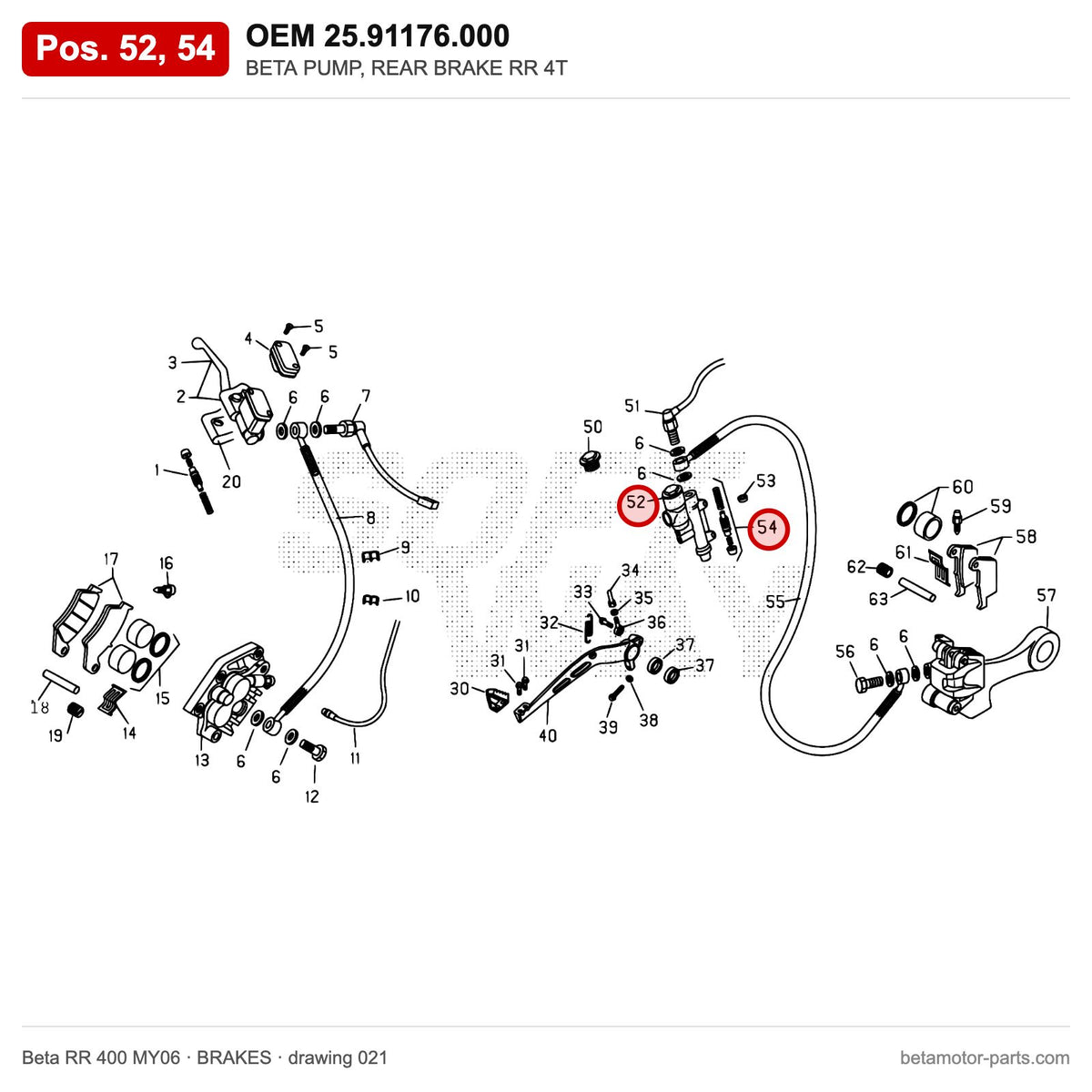 BETA PUMP, REAR BRAKE RR 4T – OEM 25.91176.000, positions 52,54 on the Beta RR 400 MY06 brakes drawing