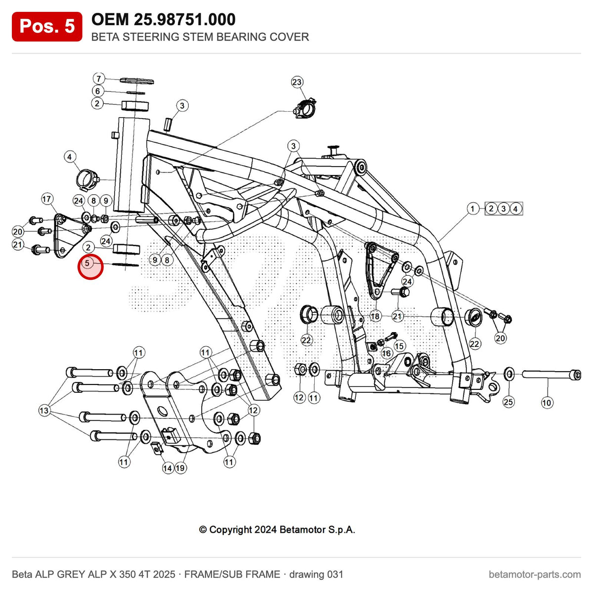 BETA STEERING STEM BEARING COVER – OEM 25.98751.000, position 5 on the Beta ALP GREY ALP X 350 4T 2025 frame/sub frame drawing