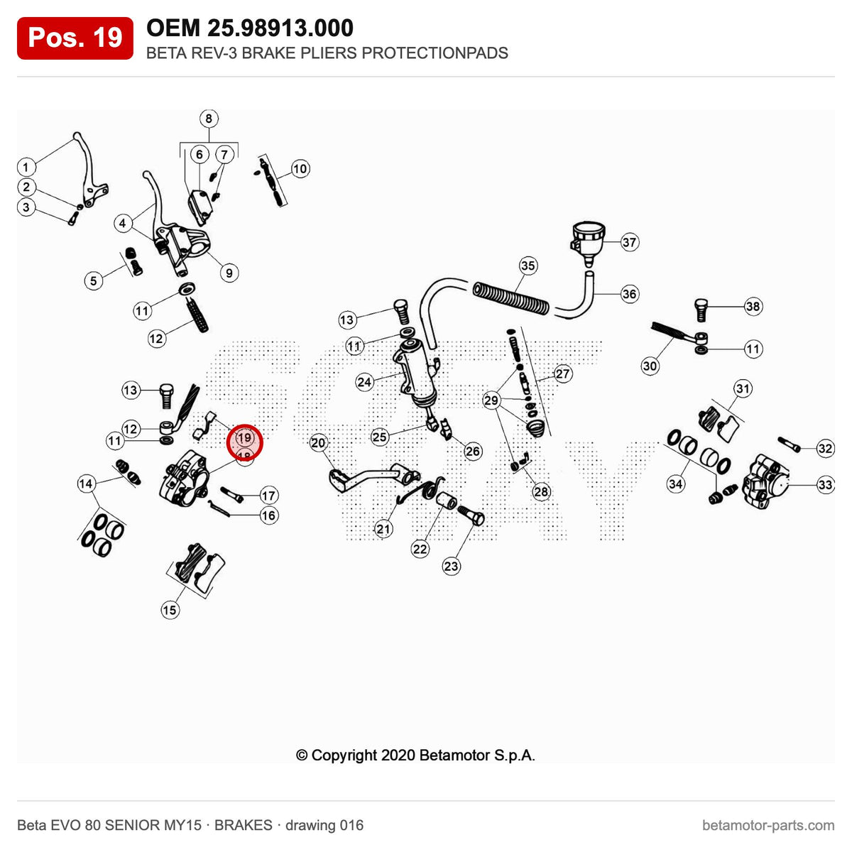 BETA REV-3 BRAKE PLIERS PROTECTIONPADS – OEM 25.98913.000, position 19 on the Beta EVO 80 SENIOR MY15 brakes drawing
