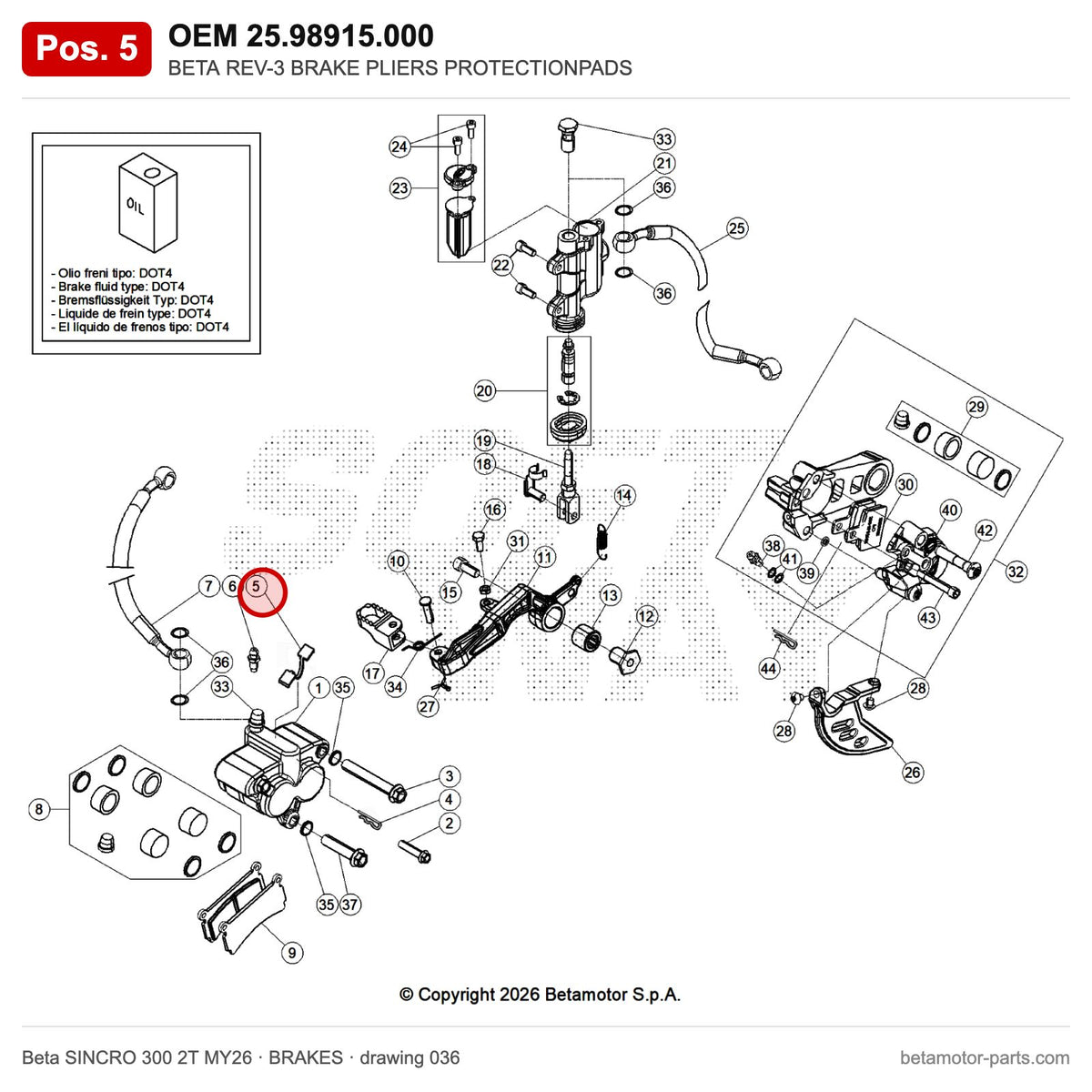 BETA REV-3 BRAKE PLIERS PROTECTIONPADS – OEM 25.98915.000, position 5 on the Beta SINCRO 300 2T MY26 brakes drawing
