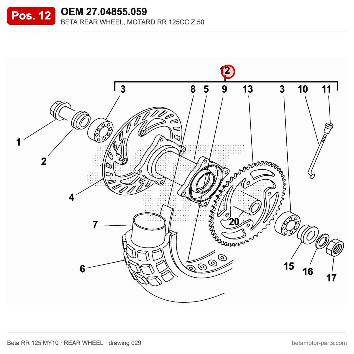 BETA REAR WHEEL, MOTARD RR 125CC Z.50 – OEM 27.04855.059, position 12 on the Beta RR 125 MY10 rear wheel drawing