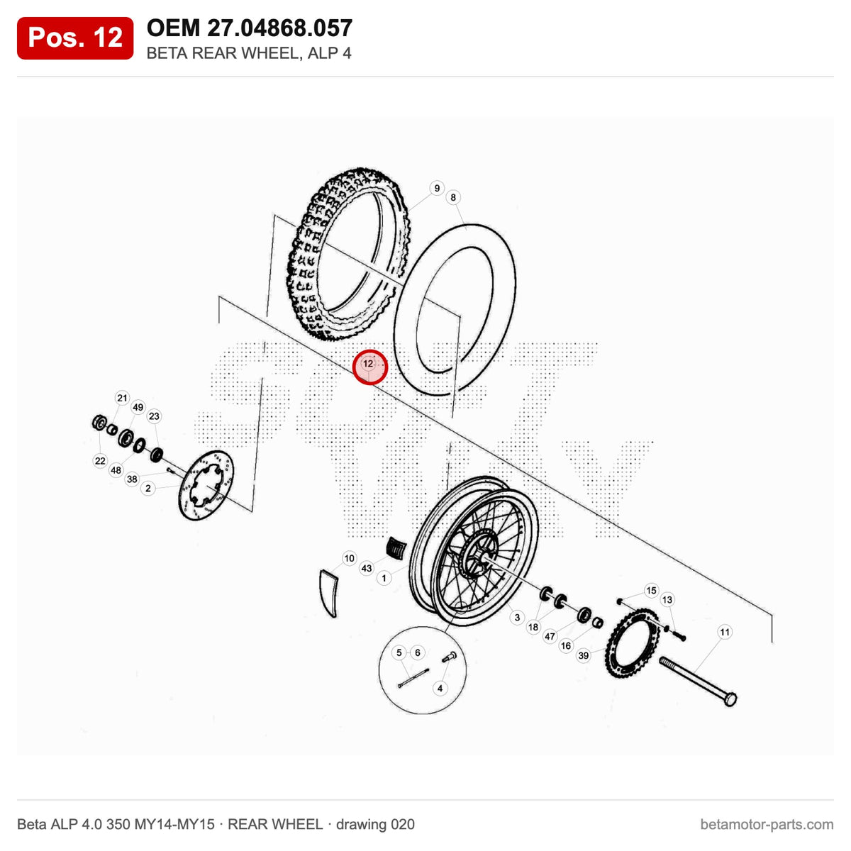 BETA REAR WHEEL, ALP 4 – OEM 27.04868.057, position 12 on the Beta ALP 4.0 350 MY14-MY15 rear wheel drawing