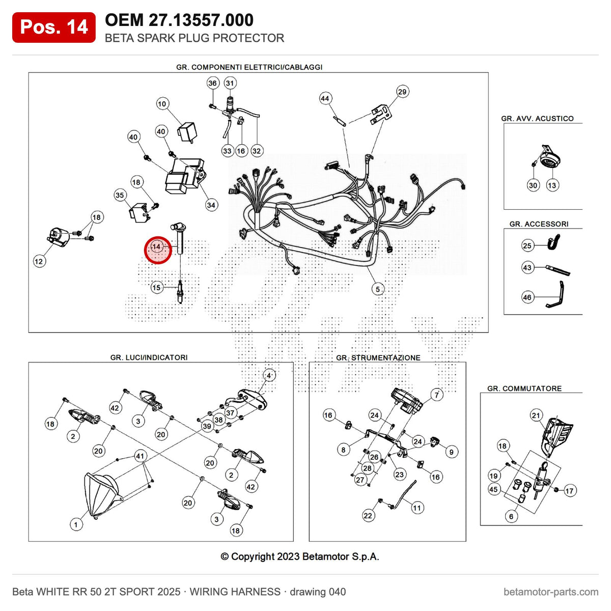 BETA SPARK PLUG PROTECTOR – OEM 27.13557.000, position 14 on the Beta WHITE RR 50 2T SPORT 2025 wiring harness drawing