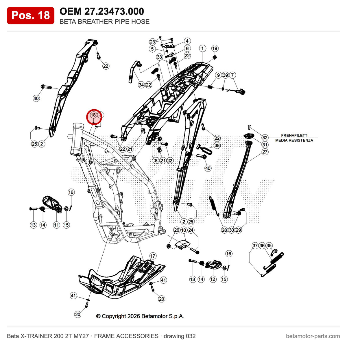 BETA BREATHER PIPE HOSE – OEM 27.23473.000, position 18 on the Beta X-TRAINER 200 2T MY27 frame accessories drawing