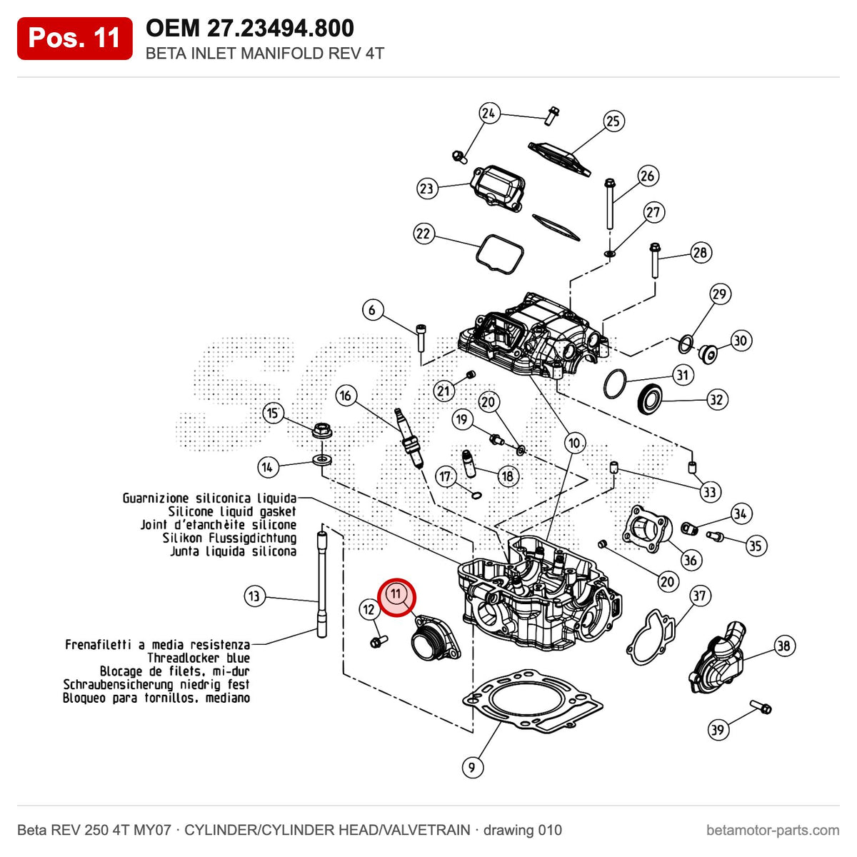 BETA INLET MANIFOLD REV 4T – OEM 27.23494.800, position 11 on the Beta REV 250 4T MY07 cylinder/cylinder head/valvetrain drawing