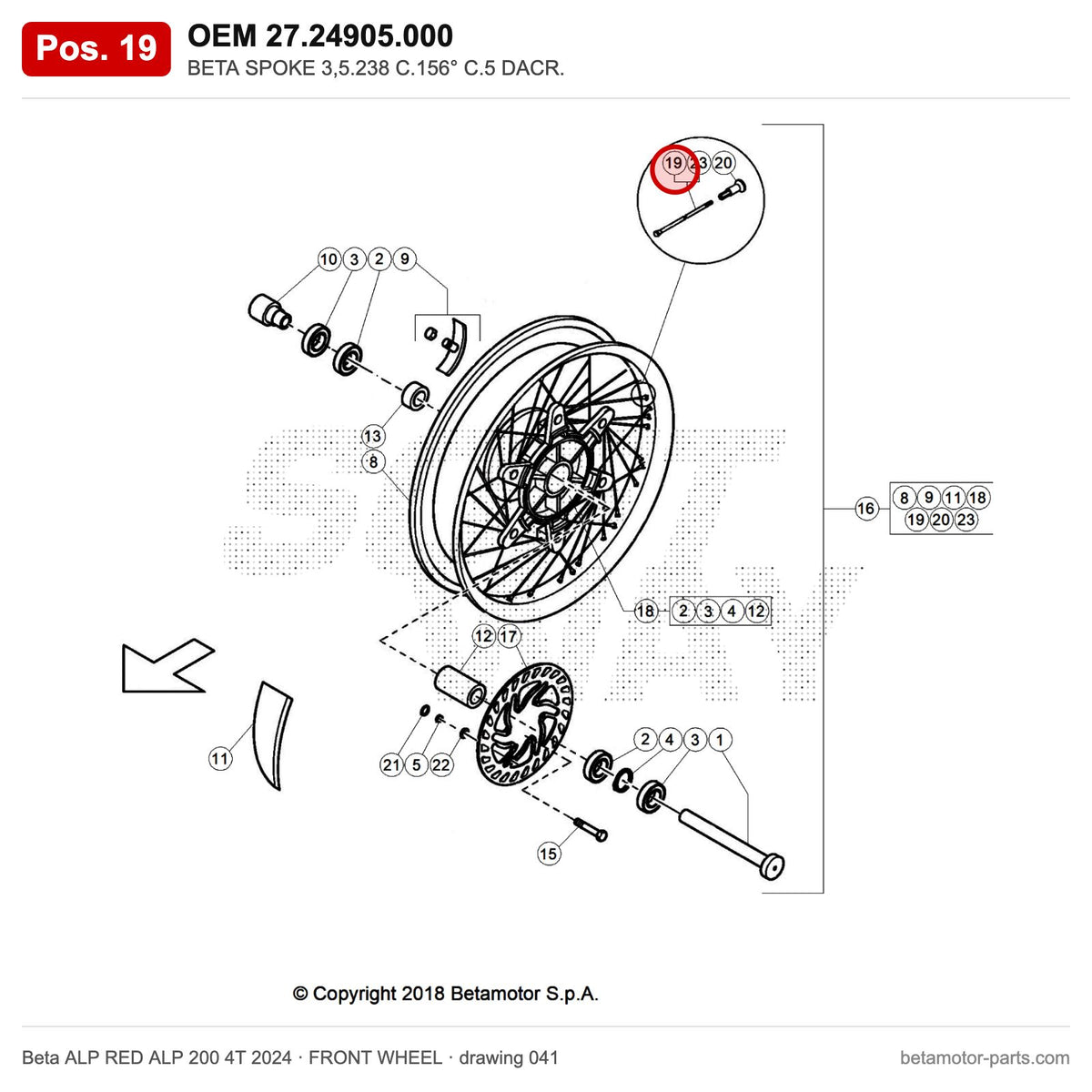 BETA SPOKE 3,5.238 C.156° C.5 DACR. – OEM 27.24905.000, position 19 on the Beta ALP RED ALP 200 4T 2024 front wheel drawing