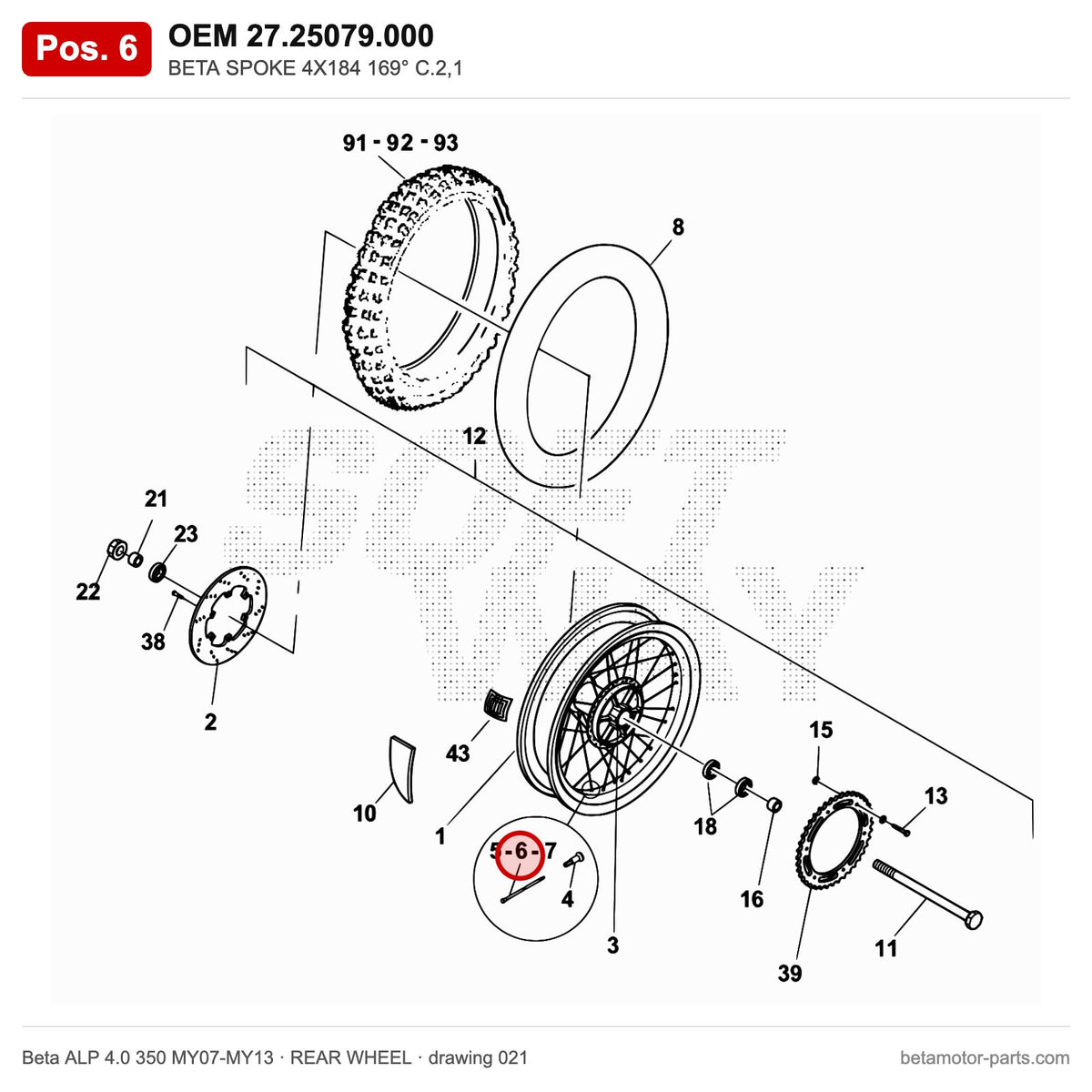 BETA SPOKE 4X184 169° C.2,1 – OEM 27.25079.000, position 6 on the Beta ALP 4.0 350 MY07-MY13 rear wheel drawing