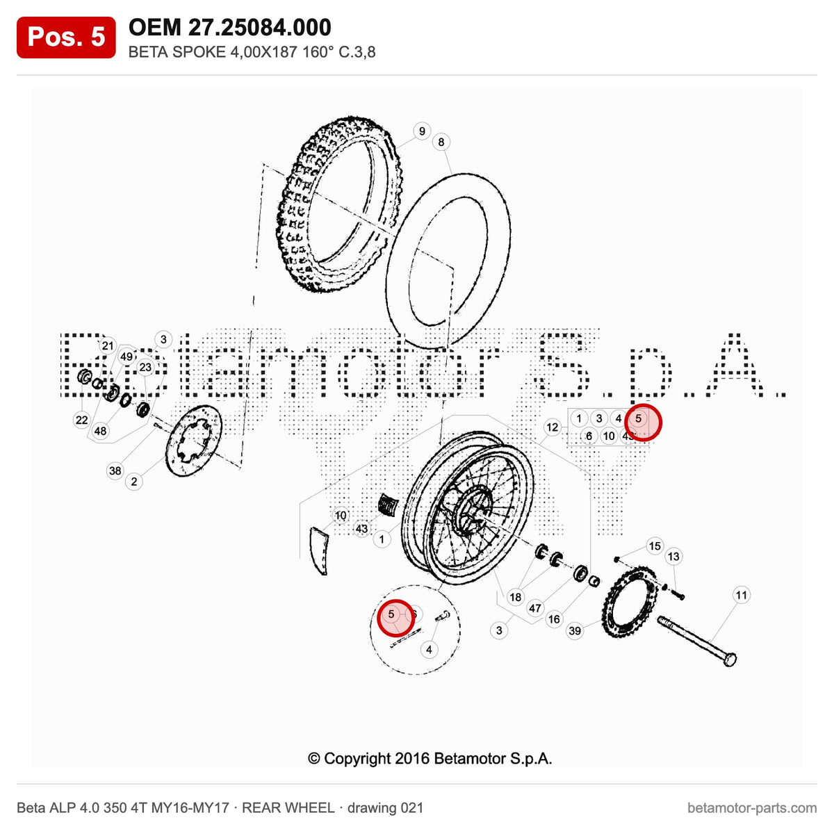 BETA SPOKE 4,00X187 160° C.3,8 – OEM 27.25084.000, position 5 on the Beta ALP 4.0 350 4T MY16-MY17 rear wheel drawing