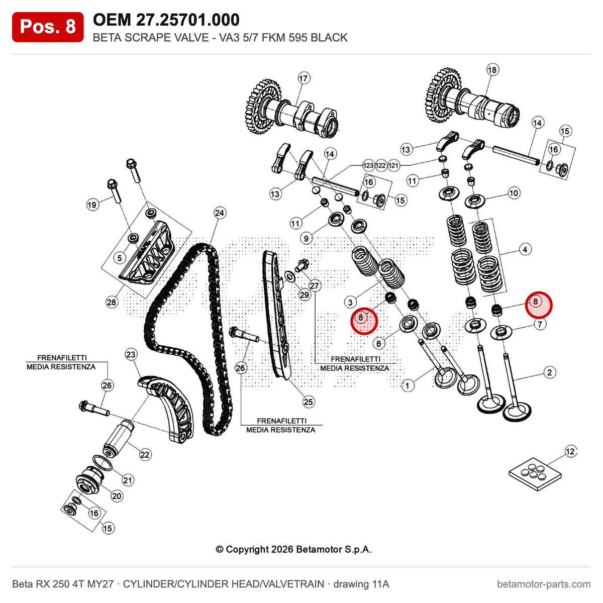 BETA SCRAPE VALVE - VA3 5/7 FKM 595 BLACK – OEM 27.25701.000, position 8 on the Beta RX 250 4T MY27 cylinder/cylinder head/valvetrain drawing