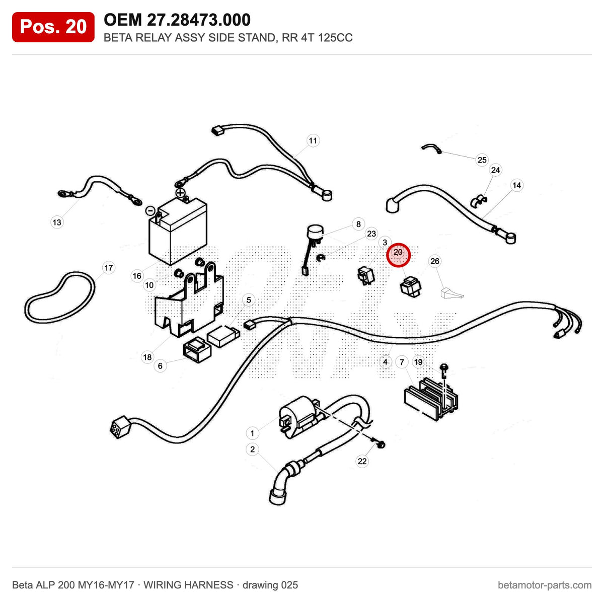BETA RELAY ASSY SIDE STAND, RR 4T 125CC – OEM 27.28473.000, position 20 on the Beta ALP 200 MY16-MY17 wiring harness drawing