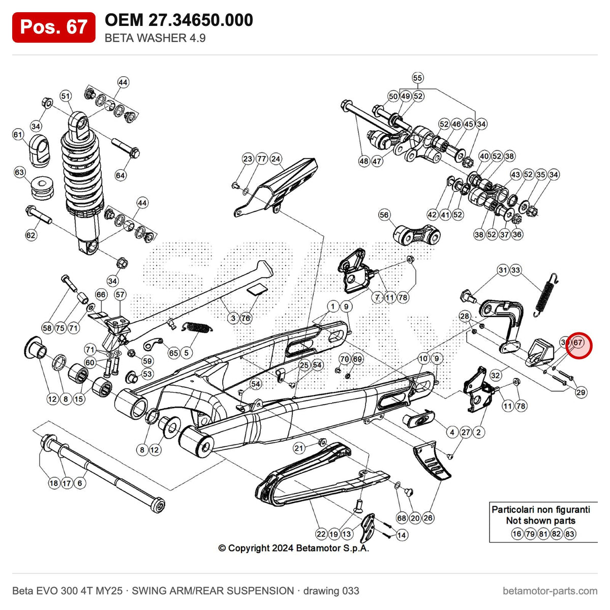 BETA WASHER 4.9 – OEM 27.34650.000, position 67 on the Beta EVO 300 4T MY25 swing arm/rear suspension drawing