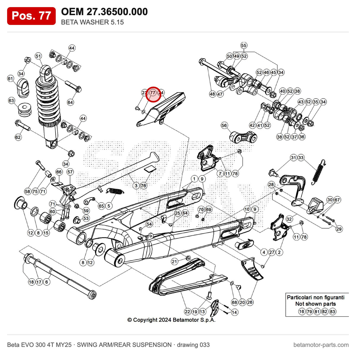 BETA WASHER 5.15 – OEM 27.36500.000, position 77 on the Beta EVO 300 4T MY25 swing arm/rear suspension drawing
