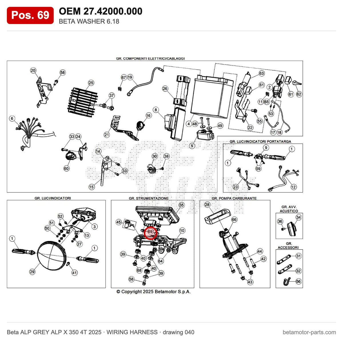 BETA WASHER 6.18 – OEM 27.42000.000, position 69 on the Beta ALP GREY ALP X 350 4T 2025 wiring harness drawing