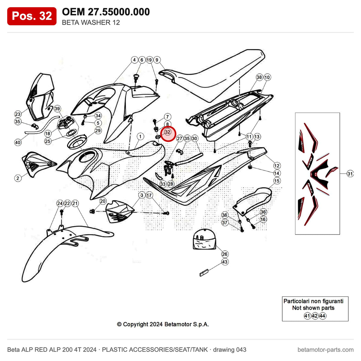 BETA WASHER 12 – OEM 27.55000.000, position 32 on the Beta ALP RED ALP 200 4T 2024 plastic accessories/seat/tank drawing