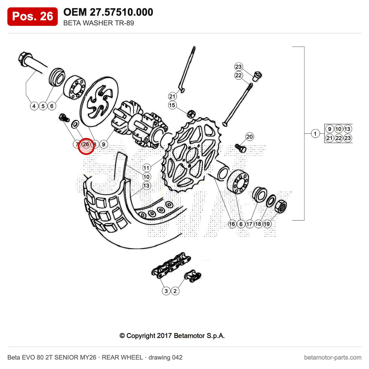 BETA WASHER TR-89 – OEM 27.57510.000, position 26 on the Beta EVO 80 2T SENIOR MY26 rear wheel drawing