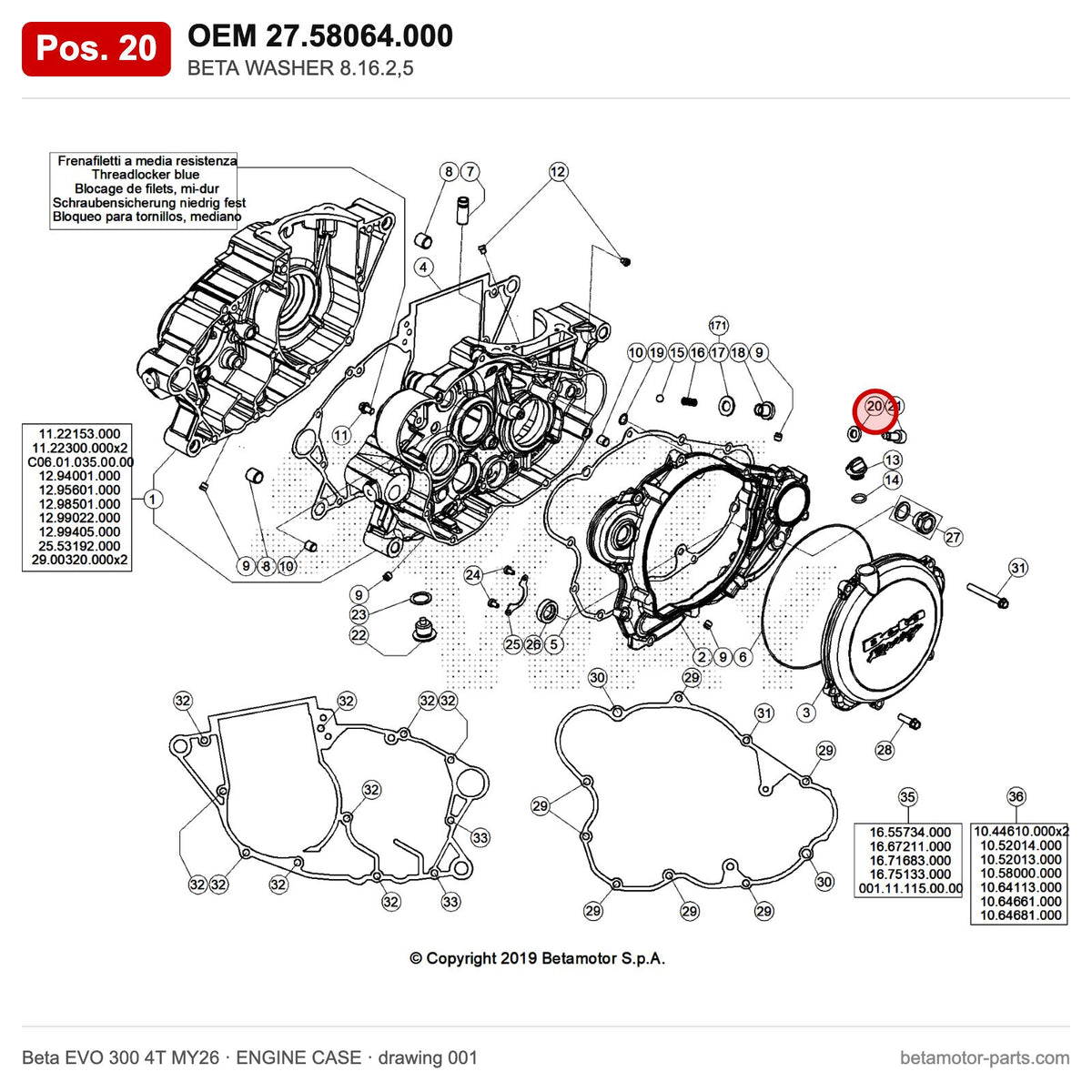 BETA WASHER 8.16.2,5 – OEM 27.58064.000, position 20 on the Beta EVO 300 4T MY26 engine case drawing