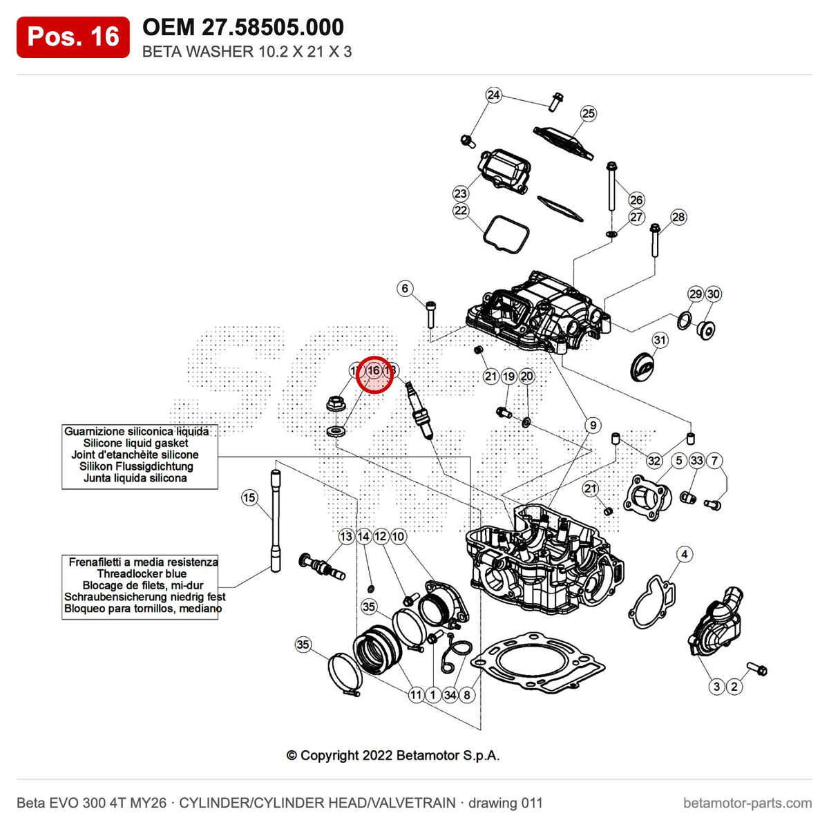 BETA WASHER 10.2 X 21 X 3 – OEM 27.58505.000, position 16 on the Beta EVO 300 4T MY26 cylinder/cylinder head/valvetrain drawing