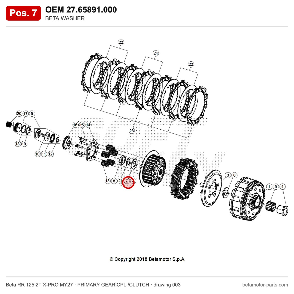 BETA WASHER – OEM 27.65891.000, position 7 on the Beta RR 125 2T X-PRO MY27 primary gear cpl./clutch drawing