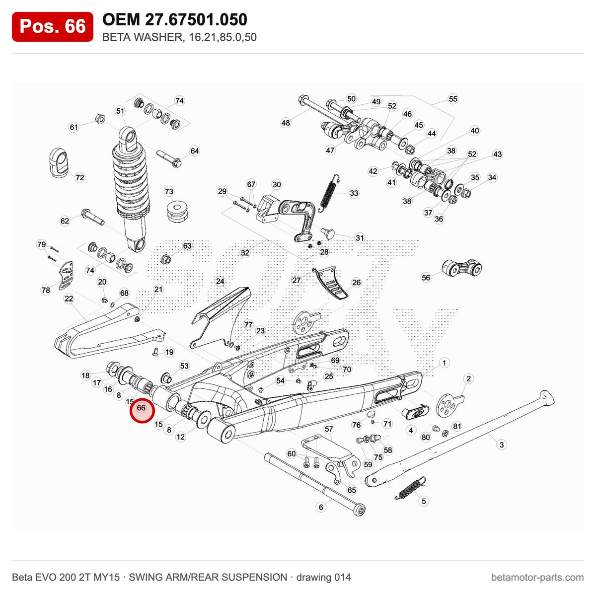 BETA WASHER, 16.21,85.0,50 – OEM 27.67501.050, position 66 on the Beta EVO 200 2T MY15 swing arm/rear suspension drawing