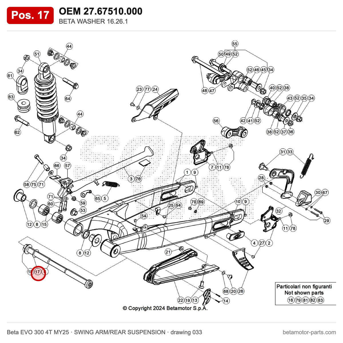 BETA WASHER 16.26.1 – OEM 27.67510.000, position 17 on the Beta EVO 300 4T MY25 swing arm/rear suspension drawing