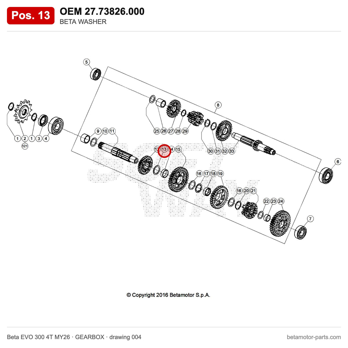 BETA WASHER – OEM 27.73826.000, position 13 on the Beta EVO 300 4T MY26 gearbox drawing