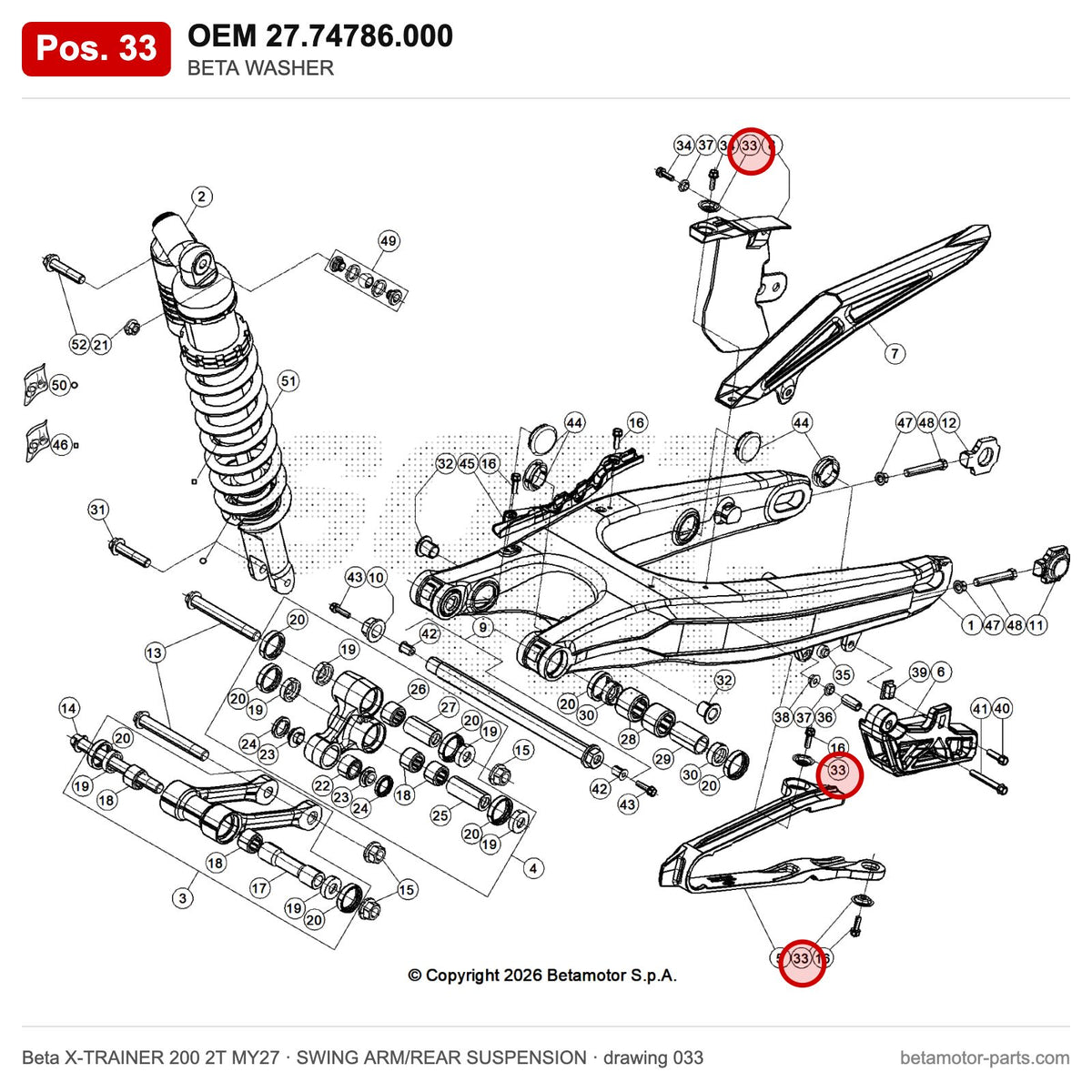 BETA WASHER – OEM 27.74786.000, position 33 on the Beta X-TRAINER 200 2T MY27 swing arm/rear suspension drawing