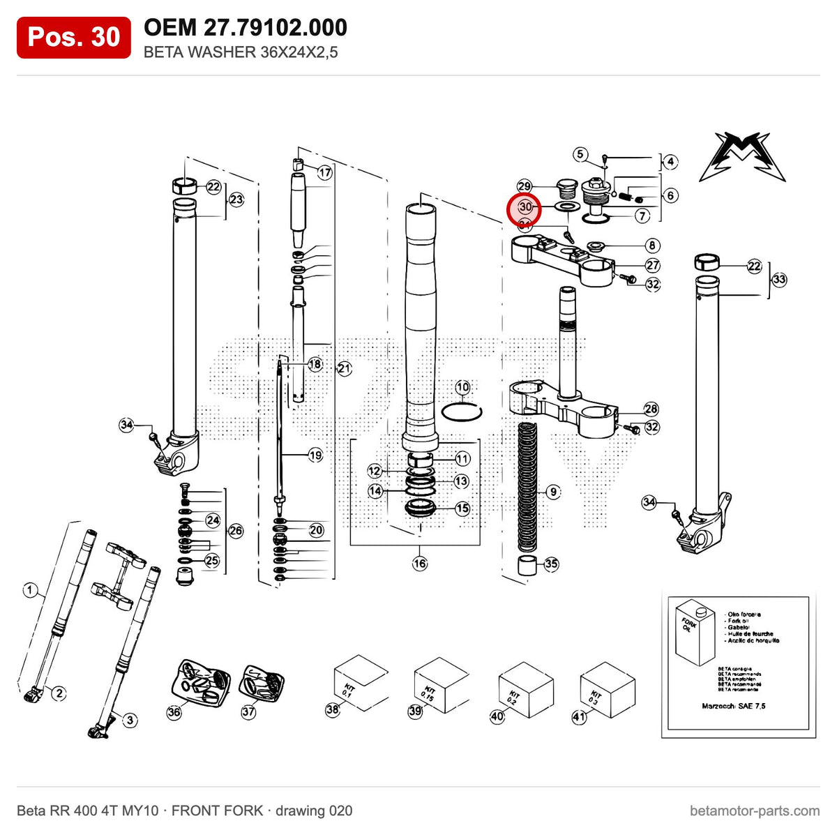 BETA WASHER 36X24X2,5 – OEM 27.79102.000, position 30 on the Beta RR 400 4T MY10 front fork drawing