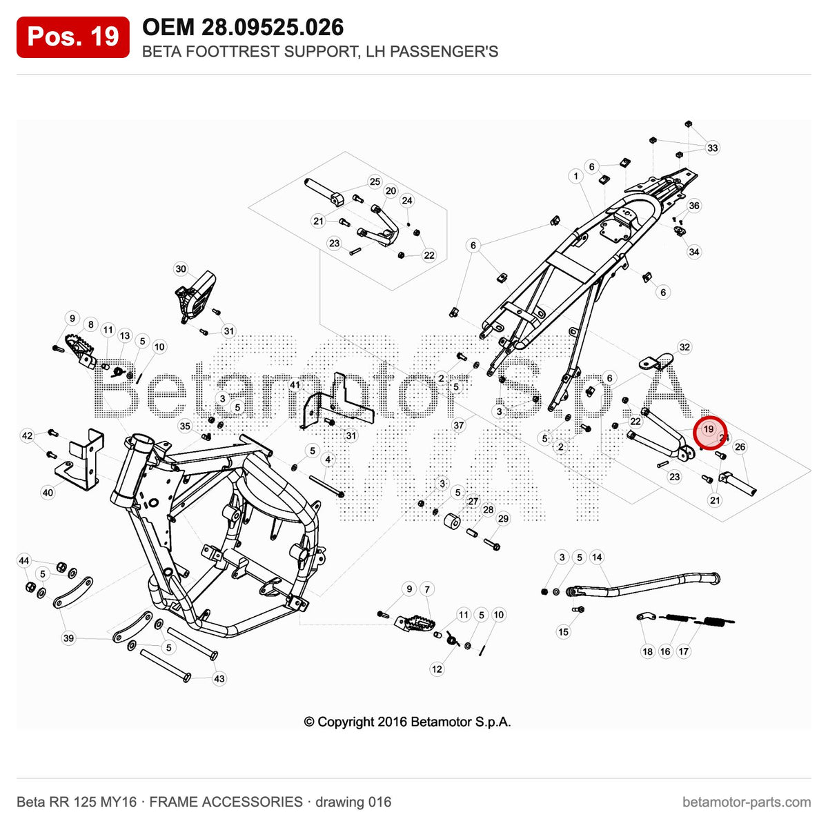 BETA FOOTTREST SUPPORT, LH PASSENGER'S – OEM 28.09525.026, position 19 on the Beta RR 125 MY16 frame accessories drawing