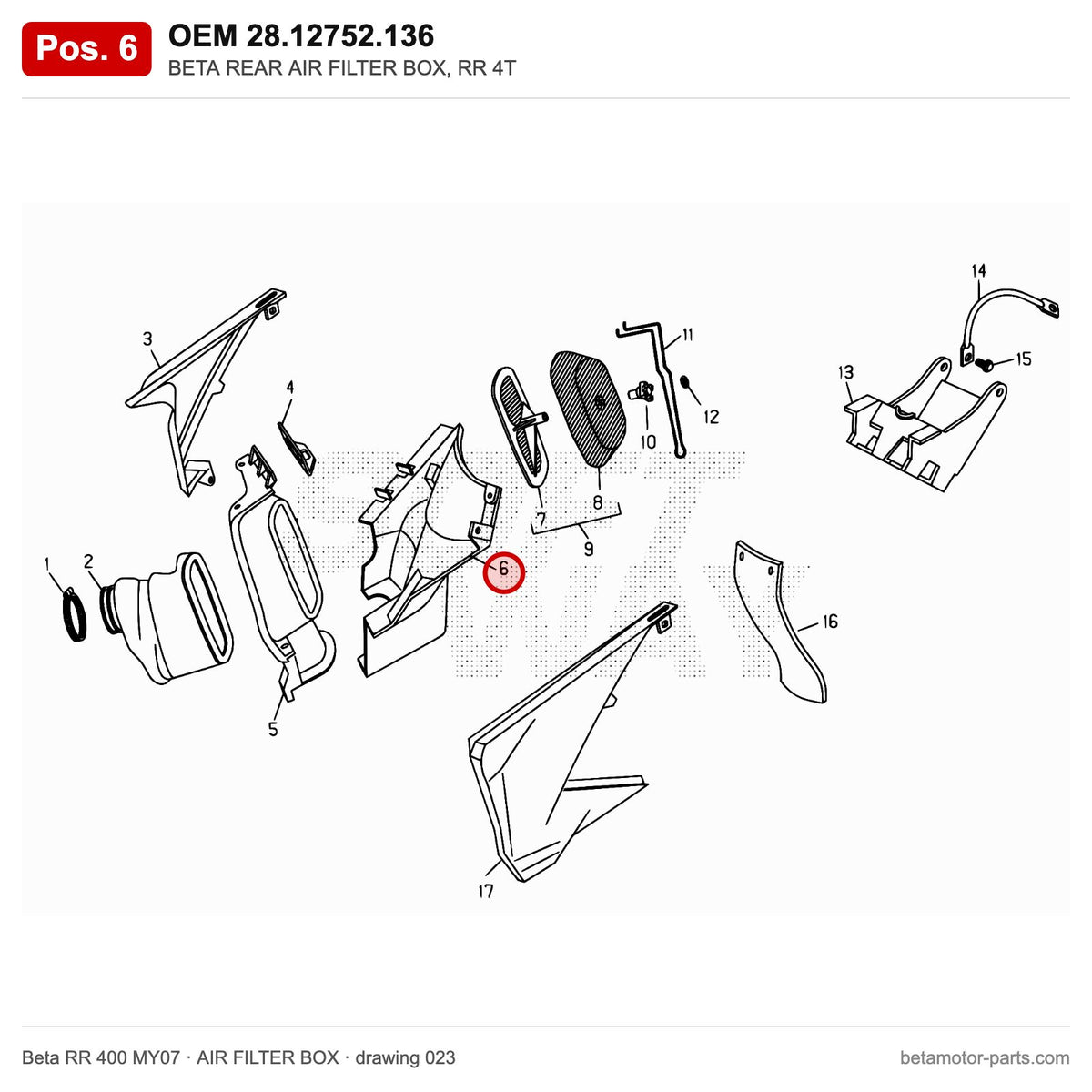 BETA REAR AIR FILTER BOX, RR 4T – OEM 28.12752.136, position 6 on the Beta RR 400 MY07 air filter box drawing