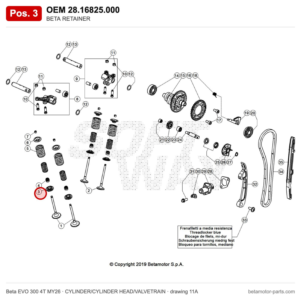 BETA RETAINER – OEM 28.16825.000, position 3 on the Beta EVO 300 4T MY26 cylinder/cylinder head/valvetrain drawing