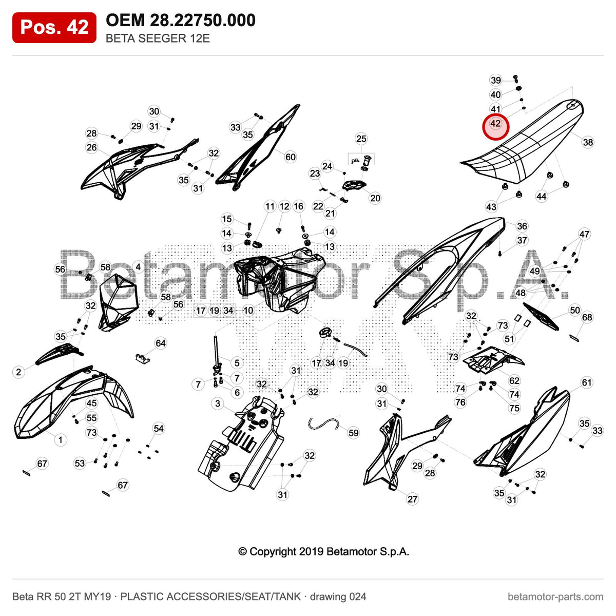 BETA SEEGER 12E – OEM 28.22750.000, position 42 on the Beta RR 50 2T MY19 plastic accessories/seat/tank drawing