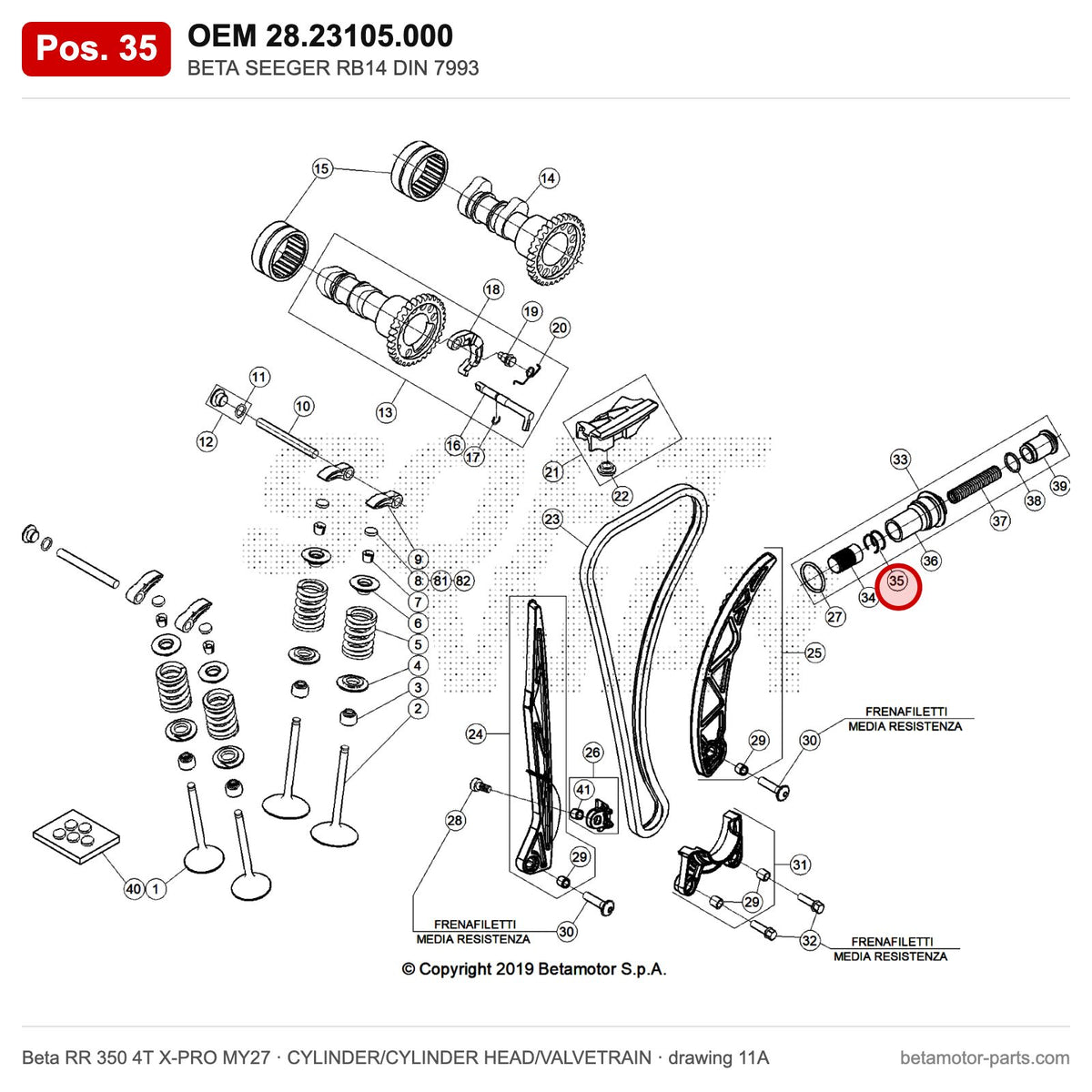 BETA SEEGER RB14 DIN 7993 – OEM 28.23105.000, position 35 on the Beta RR 350 4T X-PRO MY27 cylinder/cylinder head/valvetrain drawing