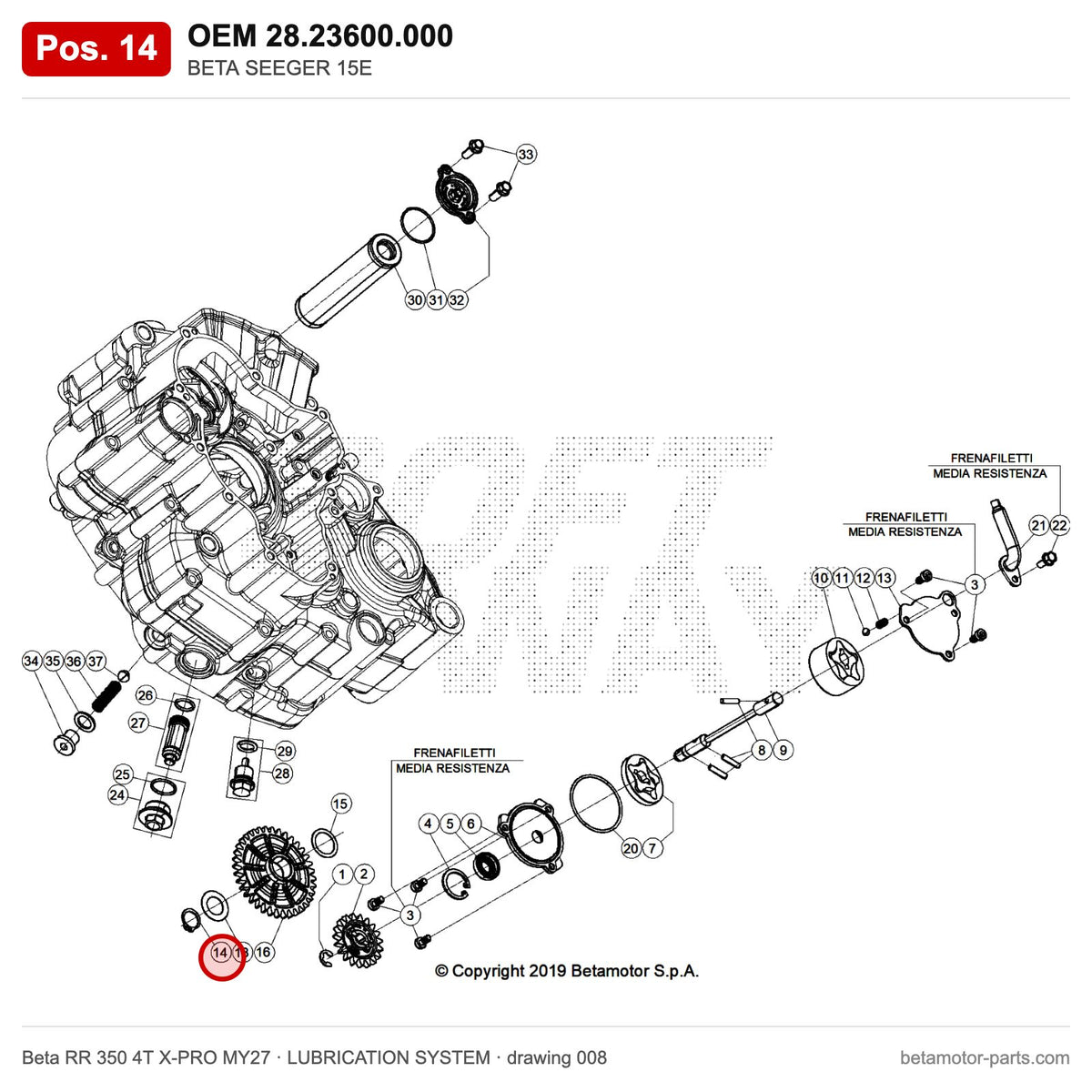 BETA SEEGER 15E – OEM 28.23600.000, position 14 on the Beta RR 350 4T X-PRO MY27 lubrication system drawing