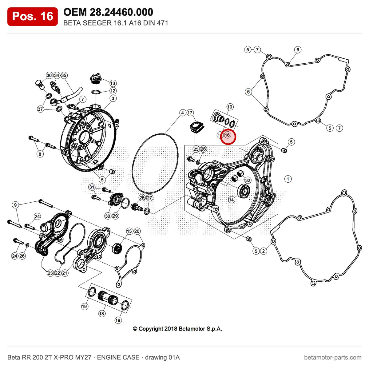 BETA SEEGER 16.1 A16 DIN 471 – OEM 28.24460.000, position 16 on the Beta RR 200 2T X-PRO MY27 engine case drawing