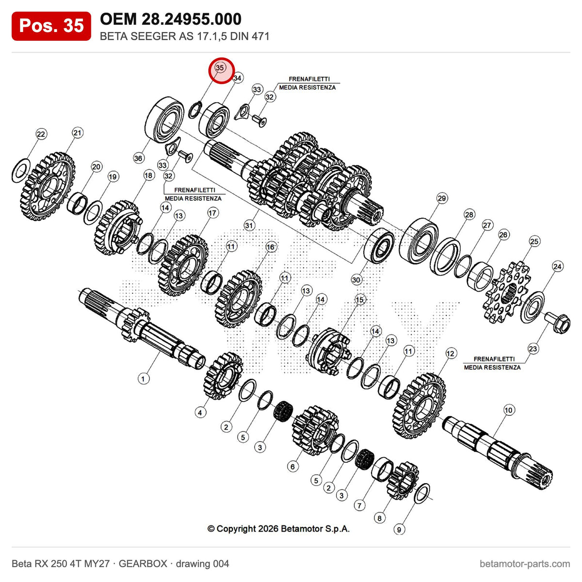 BETA SEEGER AS 17.1,5 DIN 471 – OEM 28.24955.000, position 35 on the Beta RX 250 4T MY27 gearbox drawing