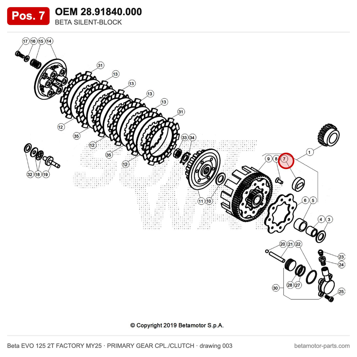 BETA SILENT-BLOCK – OEM 28.91840.000, position 7 on the Beta EVO 125 2T FACTORY MY25 primary gear cpl./clutch drawing