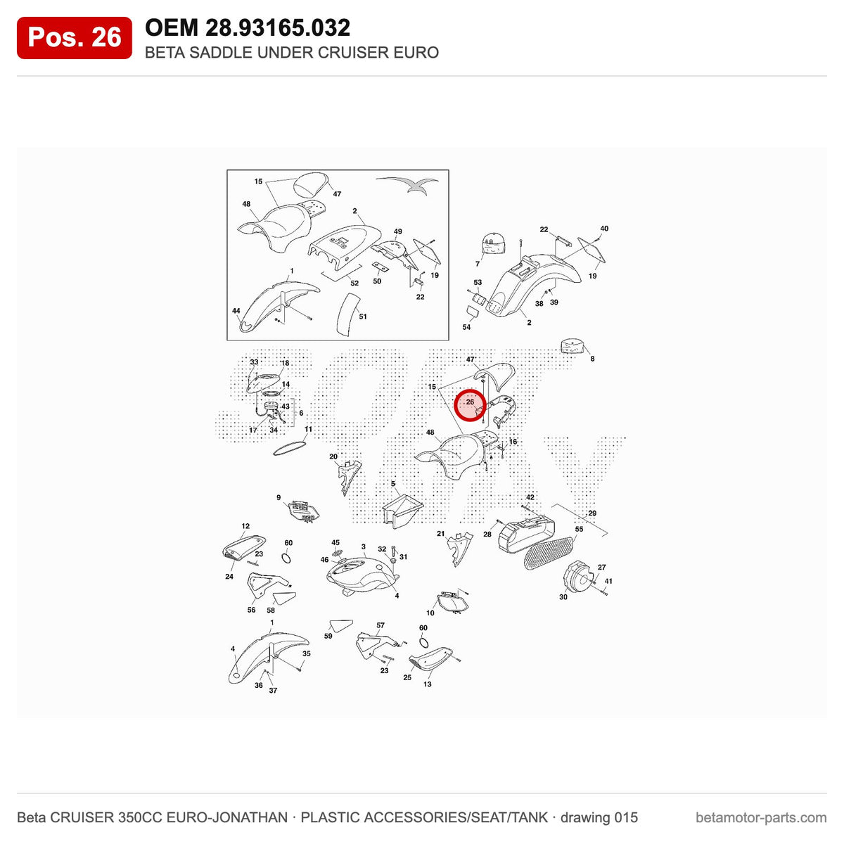 BETA SADDLE UNDER CRUISER EURO – OEM 28.93165.032, position 26 on the Beta CRUISER 350CC EURO-JONATHAN plastic accessories/seat/tank drawing