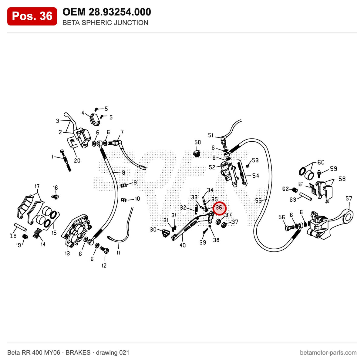 BETA SPHERIC JUNCTION – OEM 28.93254.000, position 36 on the Beta RR 400 MY06 brakes drawing