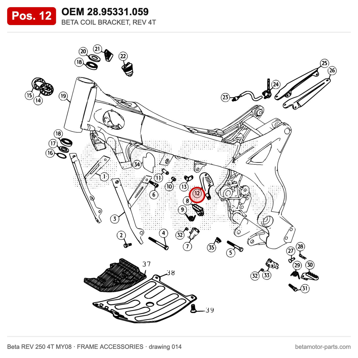 BETA COIL BRACKET, REV 4T – OEM 28.95331.059, position 12 on the Beta REV 250 4T MY08 frame accessories drawing