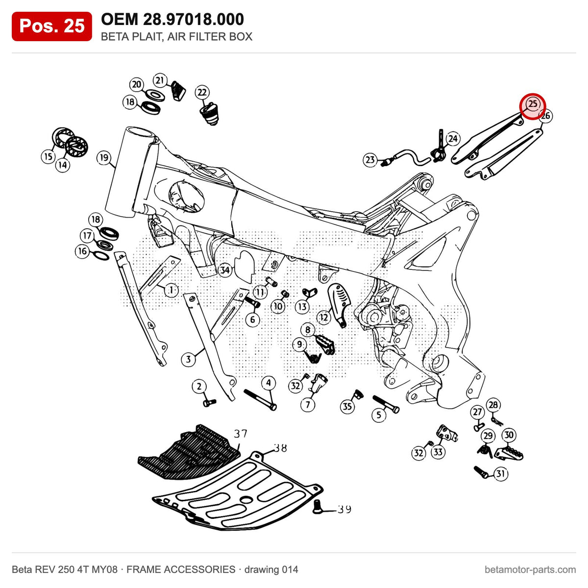 BETA PLAIT, AIR FILTER BOX – OEM 28.97018.000, position 25 on the Beta REV 250 4T MY08 frame accessories drawing