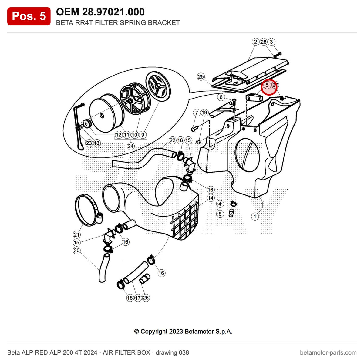 BETA RR4T FILTER SPRING BRACKET – OEM 28.97021.000, position 5 on the Beta ALP RED ALP 200 4T 2024 air filter box drawing