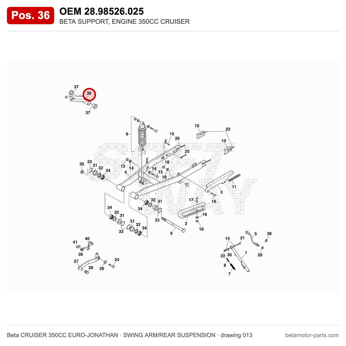 BETA SUPPORT, ENGINE 350CC CRUISER – OEM 28.98526.025, position 36 on the Beta CRUISER 350CC EURO-JONATHAN swing arm/rear suspension drawing