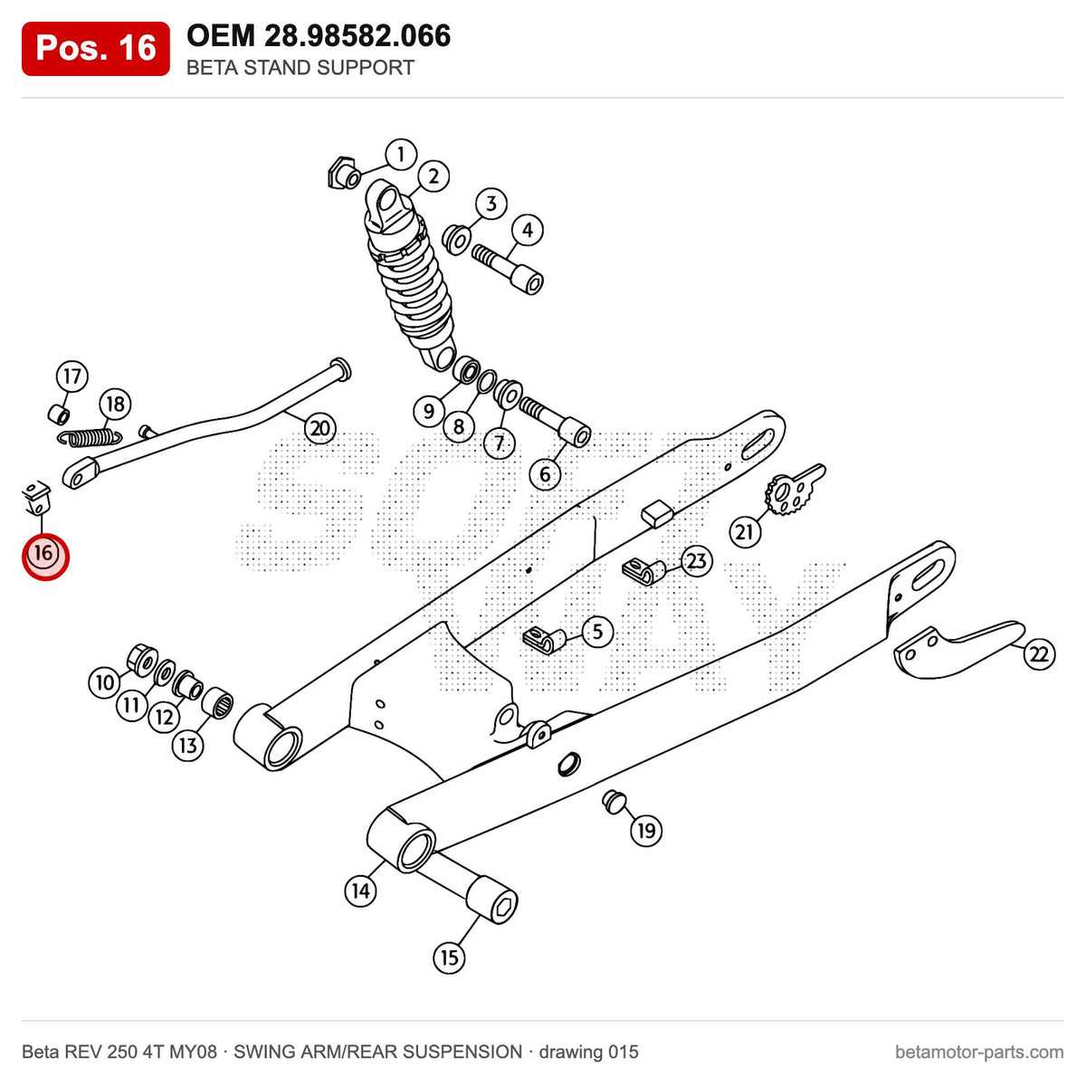 BETA STAND SUPPORT – OEM 28.98582.066, position 16 on the Beta REV 250 4T MY08 swing arm/rear suspension drawing