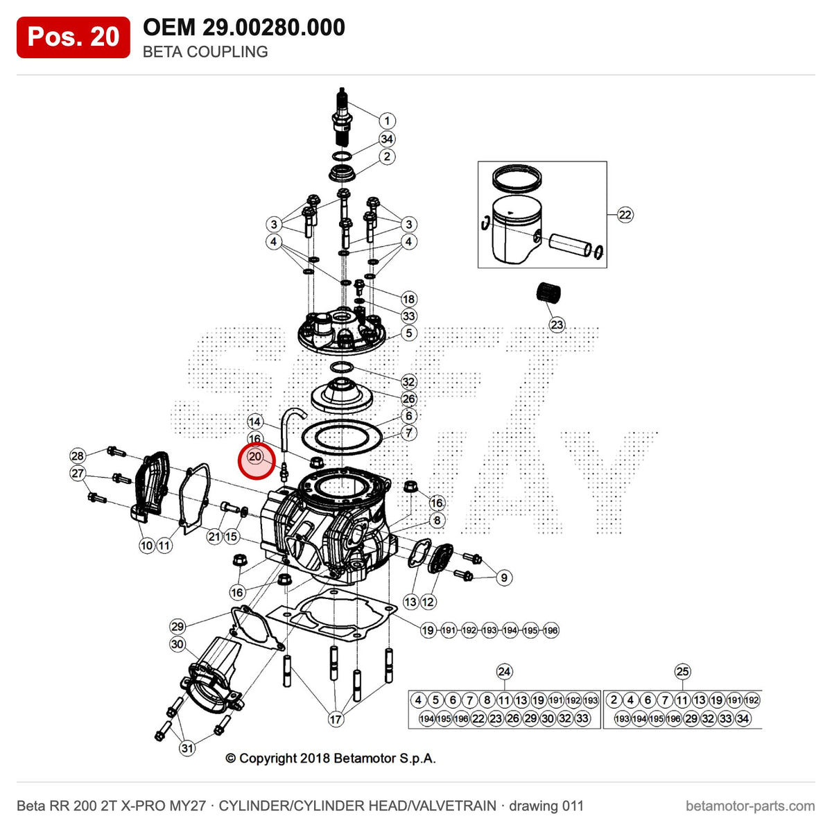 BETA COUPLING – OEM 29.00280.000, position 20 on the Beta RR 200 2T X-PRO MY27 cylinder/cylinder head/valvetrain drawing