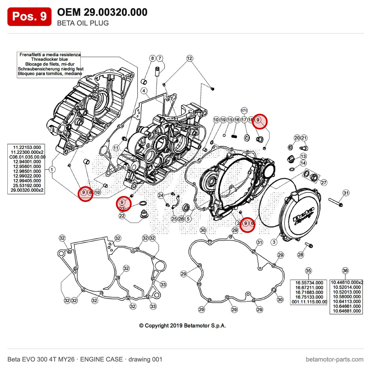 BETA OIL PLUG – OEM 29.00320.000, position 9 on the Beta EVO 300 4T MY26 engine case drawing