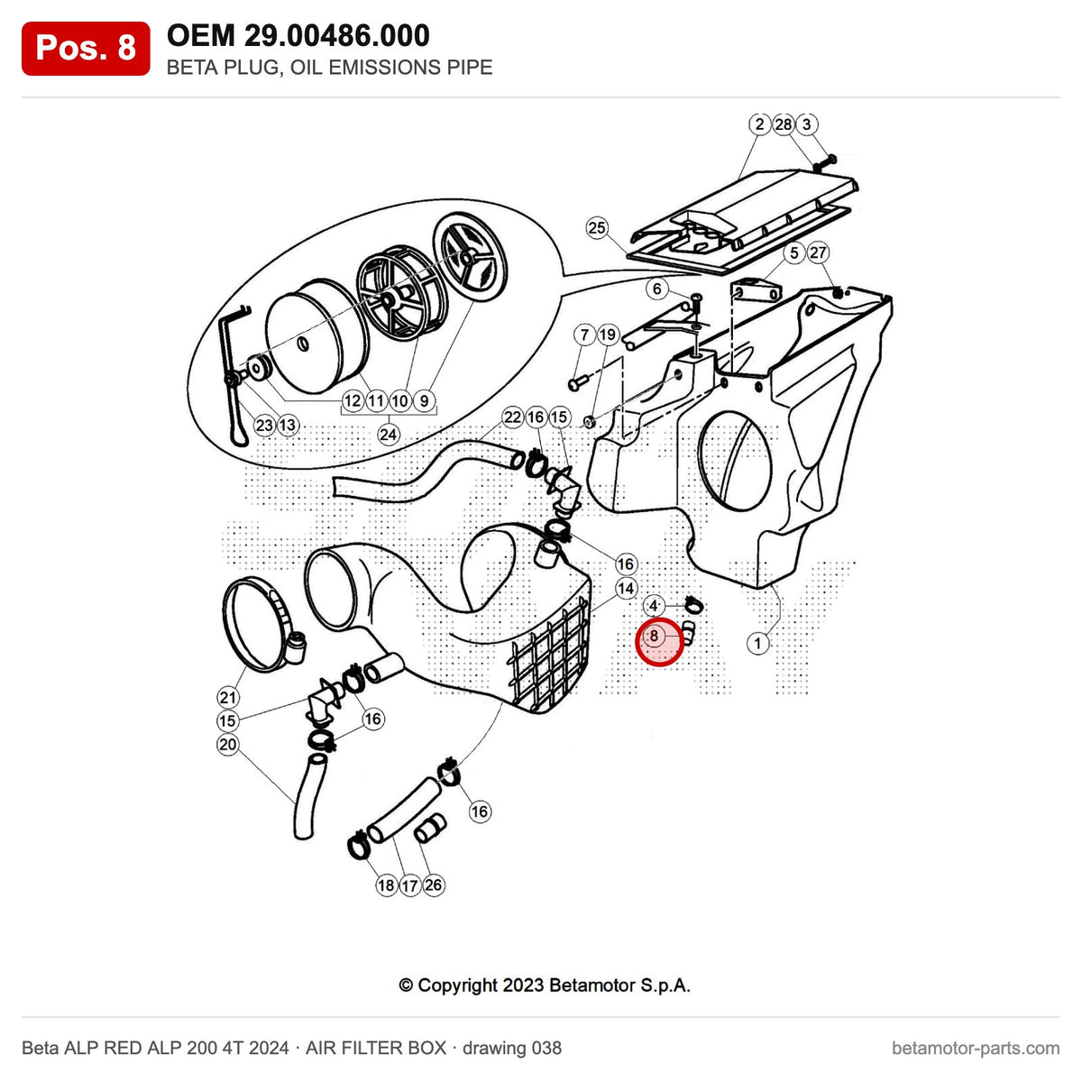 BETA PLUG, OIL EMISSIONS PIPE – OEM 29.00486.000, position 8 on the Beta ALP RED ALP 200 4T 2024 air filter box drawing
