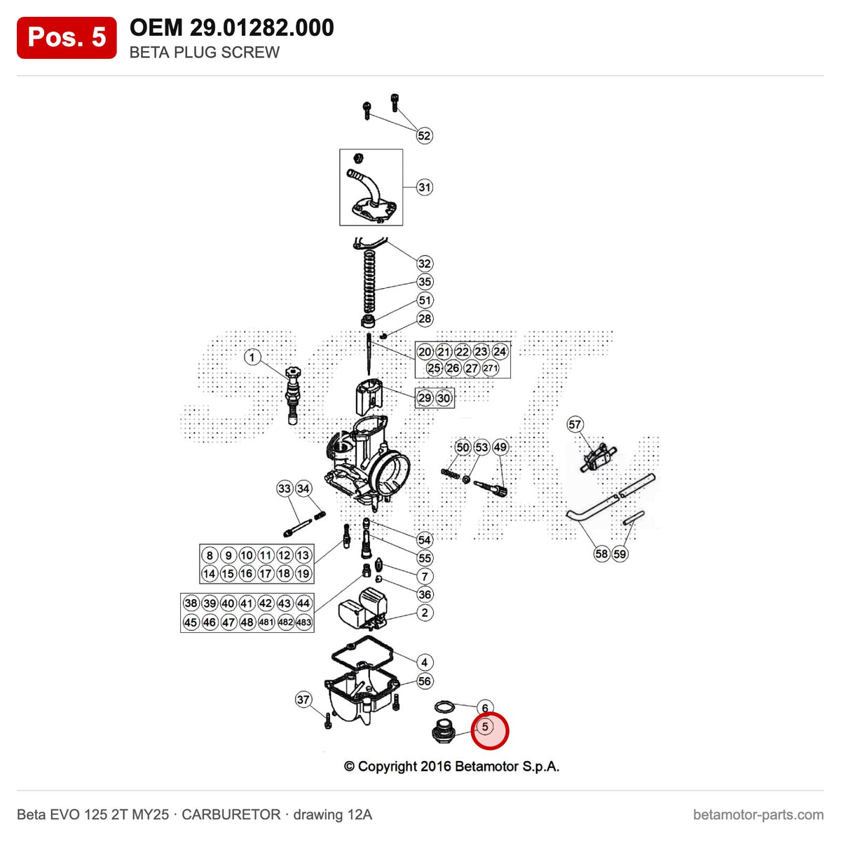 BETA PLUG SCREW – OEM 29.01282.000, position 5 on the Beta EVO 125 2T MY25 carburetor drawing